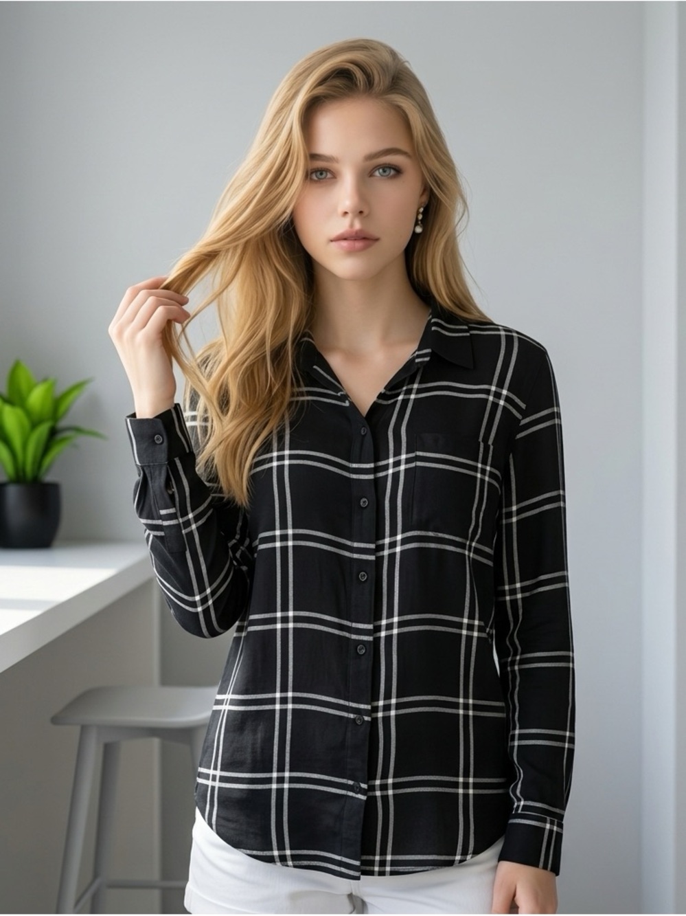 Lucky Brand Black Check Button Down Long Sleeve Shirt Women’s Size M